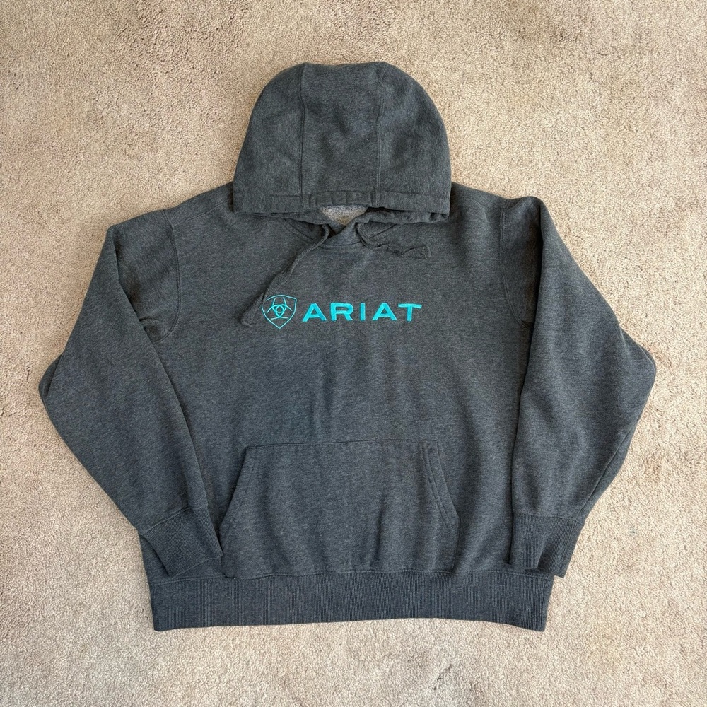 Ariat Real Hoodie Womens Large Gray Charcoal Heather Teal Logo Sweatshirt